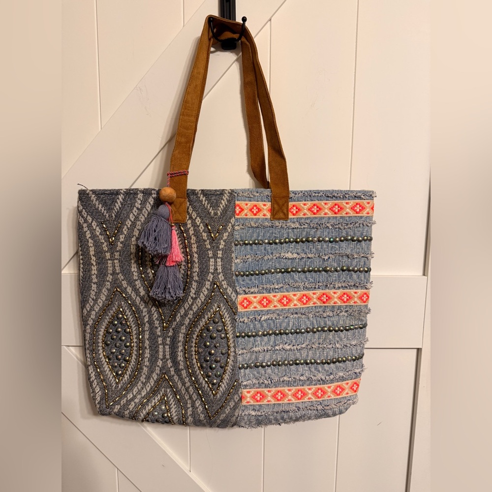 Blue, Gray and Pink Boho Embellished Tote Bag Large